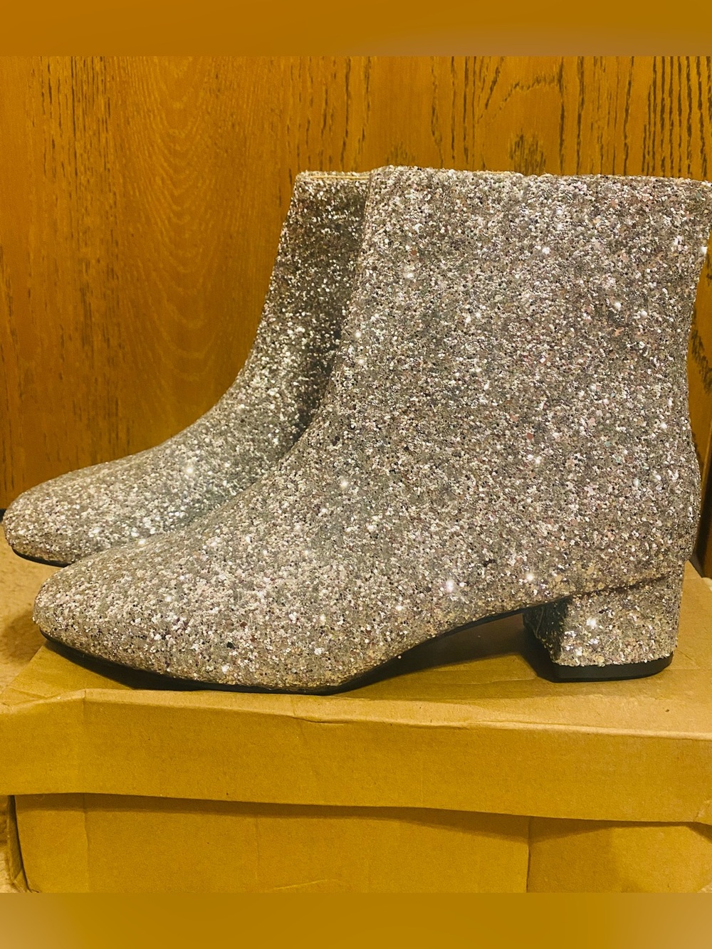 Glitter Block Heel Ankle Boots - Silver